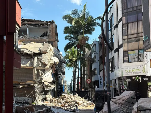 A street of shops where one building has collapsed into rubble, palm trees standing between the damaged facades.